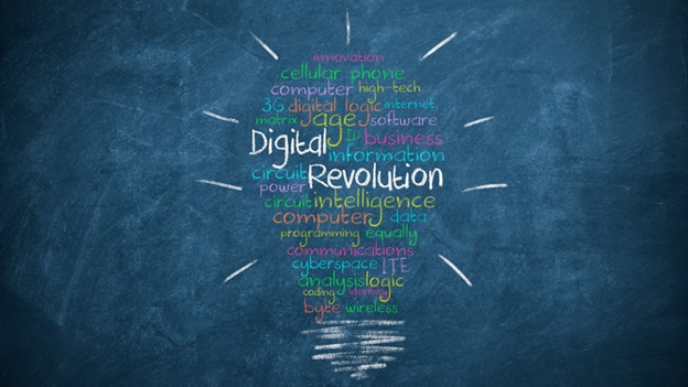 Light bulb on a blackboard symbolizes the digital revolution and innovative business strategies beyond templates.