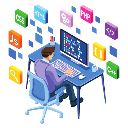 A man at a desk surrounded by various app icons, representing ScaleCode Solutions, a web design company in Bangalore.